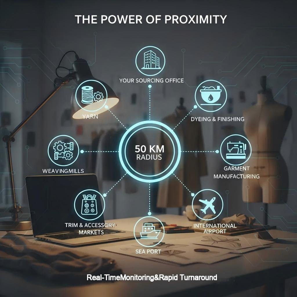 50km textile and garment supply chain cluster in China including yarn mills, dyeing houses, and accessory markets