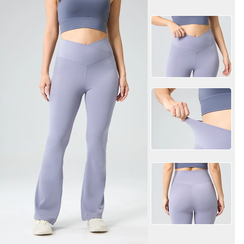 High-stretch crossover waist flared yoga pants with naked feeling fabric detail