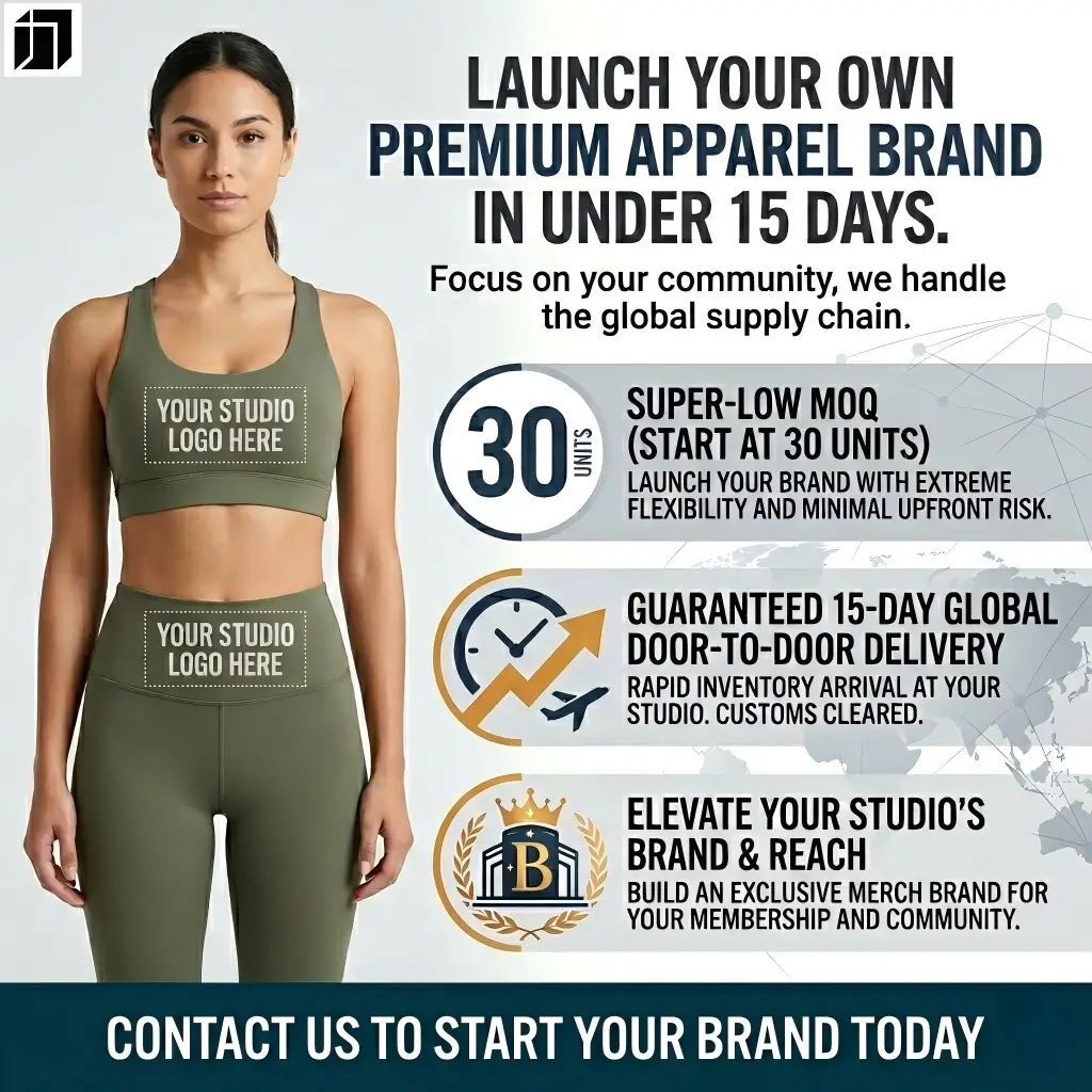 Private label yoga wear custom branding for studios, 30 unit MOQ, 15-day delivery.