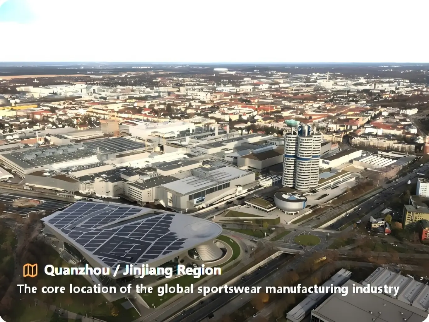 Aerial view of Quanzhou Jinjiang region, the heart of global sports textile manufacturing and supply chain for theninecubes.