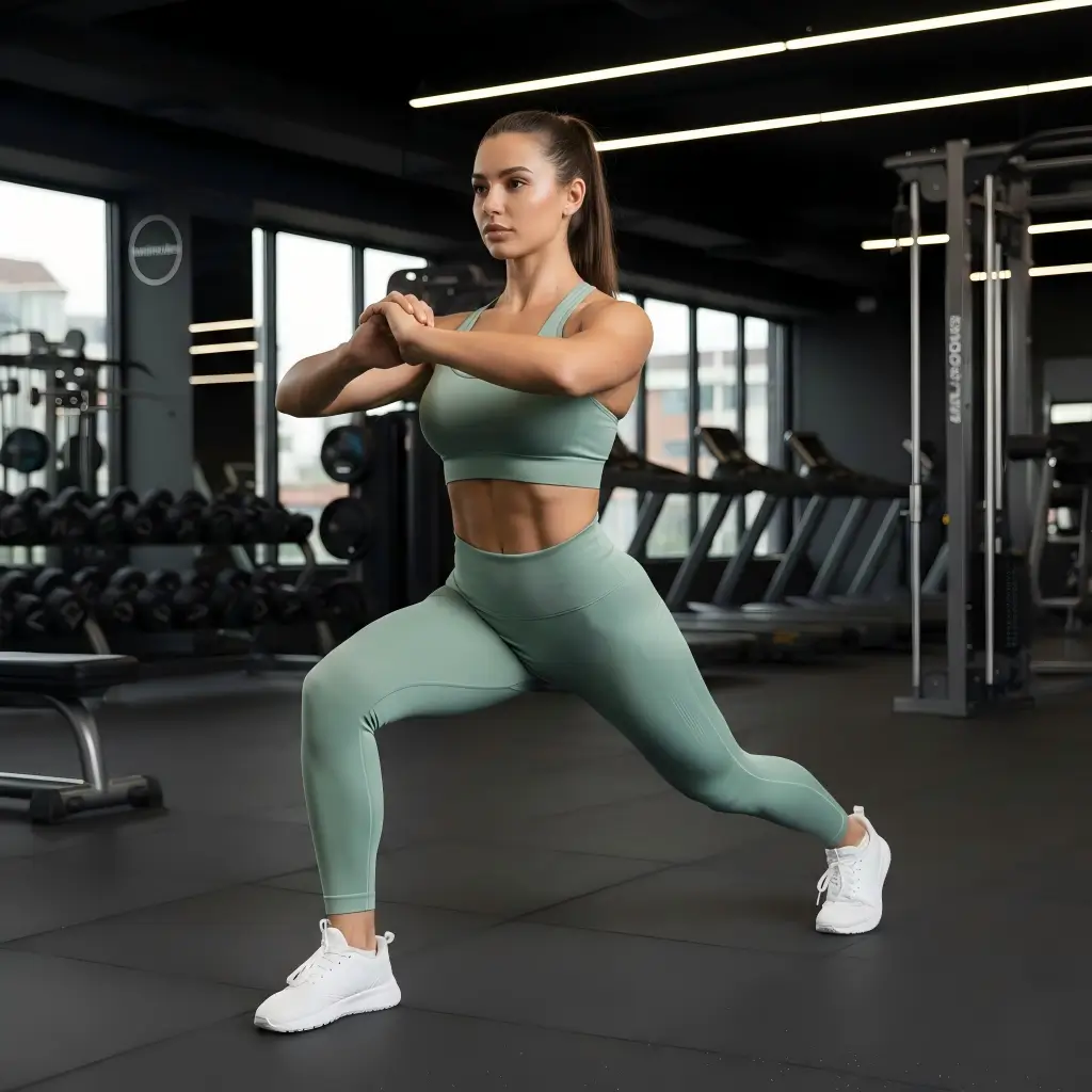 Professional female model wearing theninecubes sage green high-performance yoga set in a gym setting, showcasing premium activewear manufacturing quality.