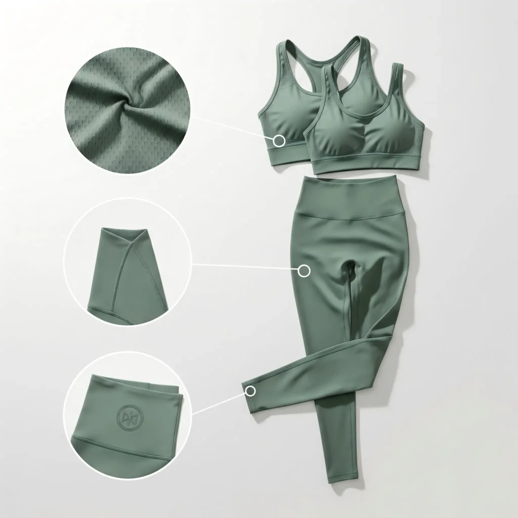 High-performance women's yoga set in sage green with close-up details of moisture-wicking honeycomb fabric and reinforced stitching, manufactured by theninecubes.