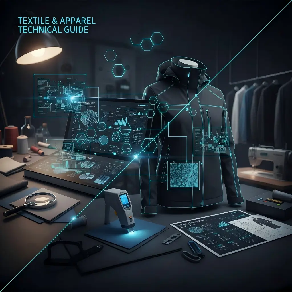 Technical guide showing fabric analysis, garment design, and textile testing equipment in a modern apparel lab. Highlights material properties and garment engineering