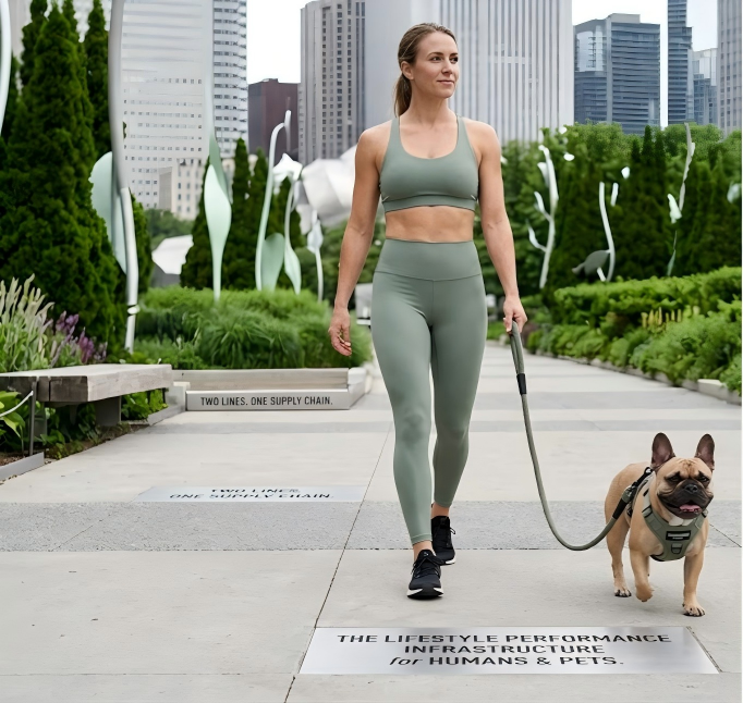 Professional western woman in sage green yoga set walking a French Bulldog with matching custom pet harness and leash in a modern urban park setting - The Nine Cubes Performance Infrastructure